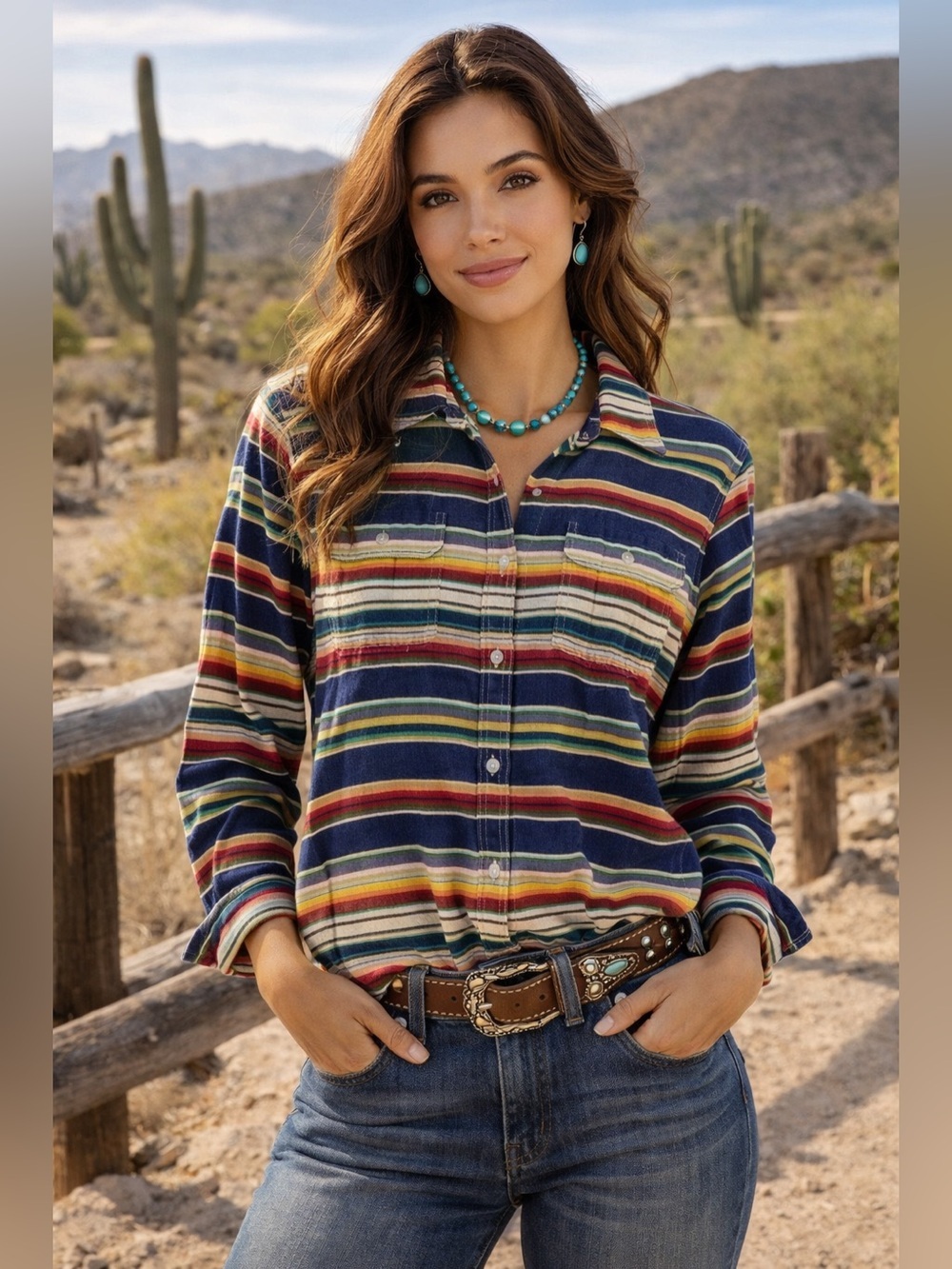 Chaps Button Up Top Women Sz M Vintage Multicolor Striped Cotton Long Sleeve